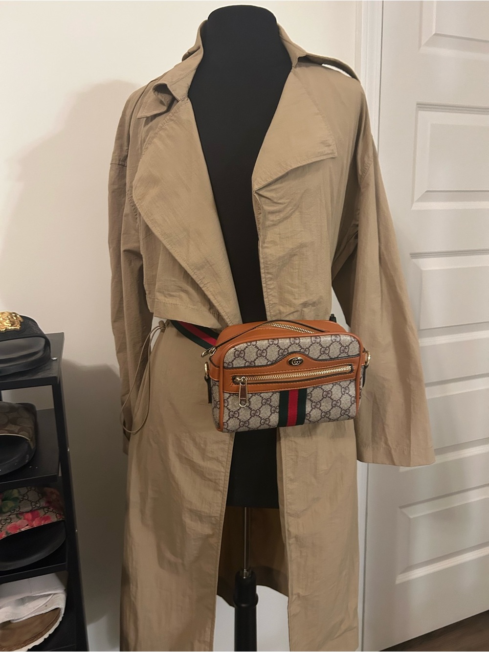 Canvas Web Stripe Crossbody Bag in Beige/Tan with Red & Green - Picture 3 of 3